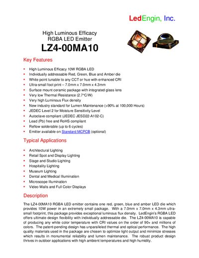 LedEngin LZ4-00MA10 RGBA LED Emitter Key Features Manual - cover page