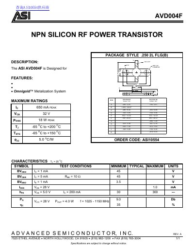 Advanced Semiconductor AVD004F RF Power Transistor Datasheet - cover page
