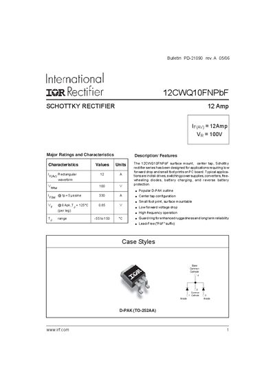 International Rectifier 12CWQ10FNPbF Schottky Rectifier Product Leaflet - cover page