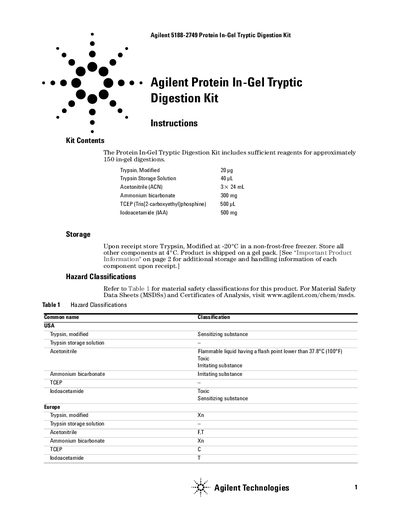 Agilent 5188-2749 Protein In-Gel Tryptic Digestion Kit Instructions - cover page
