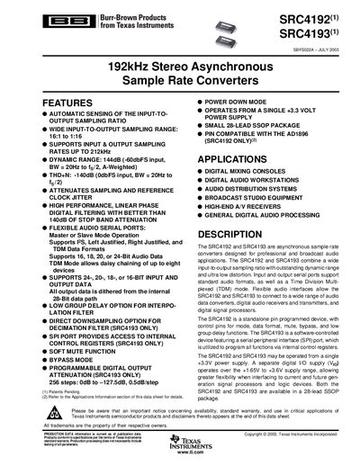Texas Instruments SRC4192 and SRC4193 192kHz Stereo Asynchronous Sample Rate Converters Datasheet - cover page