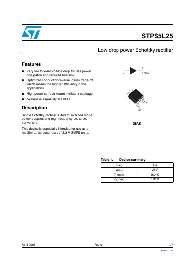 STMicroelectronics STPS5L25 Schottky Rectifier Datasheet