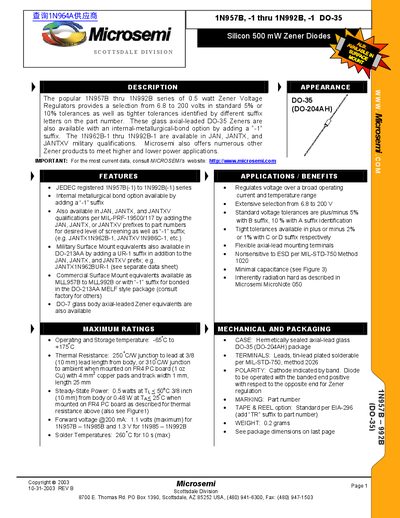 Microsemi 1N957B-1 to 1N992B-1 DO-35 Zener Diode Datasheet