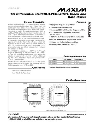 Maxim MAX9326 Differential LVPECL/LVECL/HSTL Clock and Data Driver Datasheet - cover page