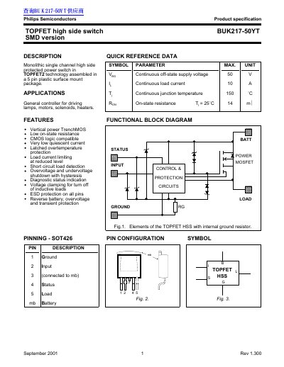 Philips Semiconductors BUK217-50YT TOPFET High Side Switch Datasheet - cover page