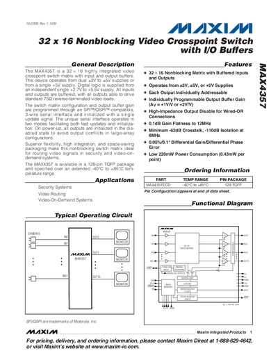 Maxim MAX4357 32 × 16 Video Crosspoint Switch with I/O Buffers Datasheet - cover page