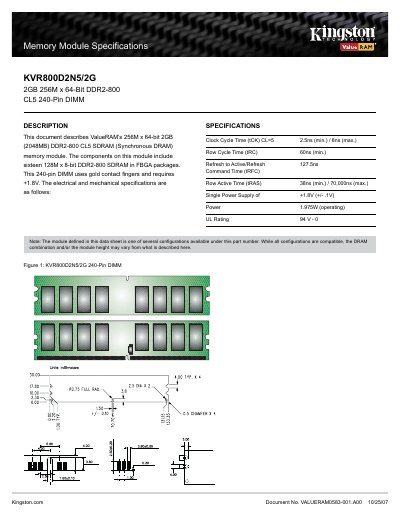 Kingston KVR800D2N5/2G Memory Module Datasheet - cover page