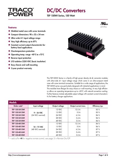 TracoPower TEP 150WI Series 150 Watt Handbook - cover page
