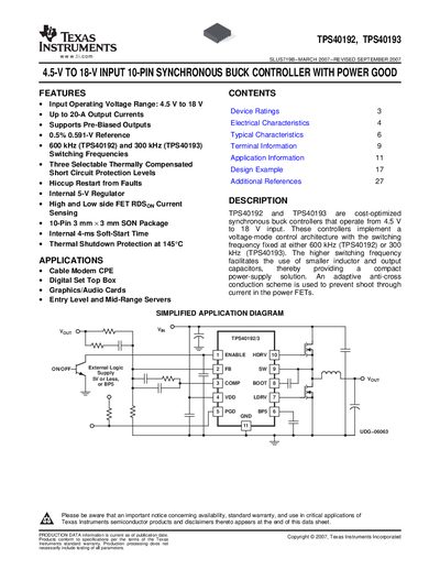 Texas Instruments TPS40192 and TPS40193 Datasheet - cover page