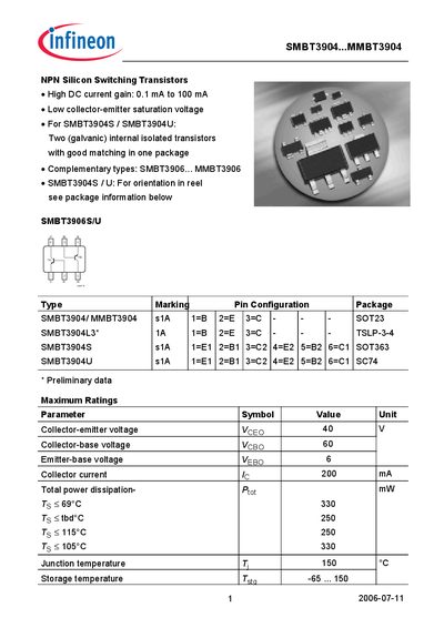 Infineon SMBT3904/MMBT3904 NPN Switching Transistor Datasheet - cover page