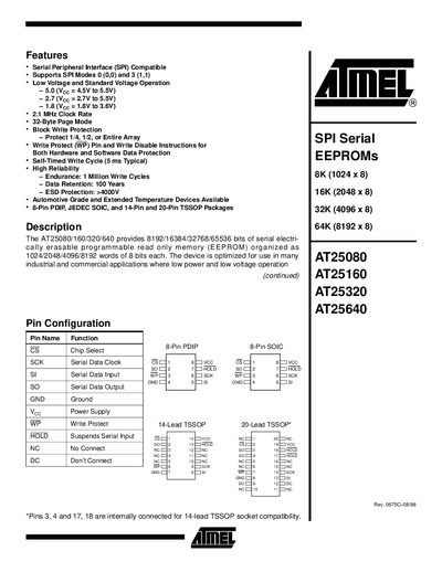 Atmel AT25080/160/320/640 EEPROM Datasheet - cover page