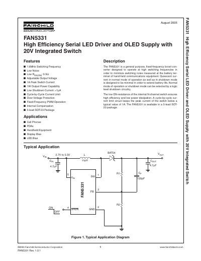 Fairchild FAN5331 High Efficiency Serial LED Driver Datasheet - cover page
