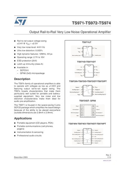 STMicroelectronics TS971/TS972/TS974 Operational Amplifier Datasheet - cover page