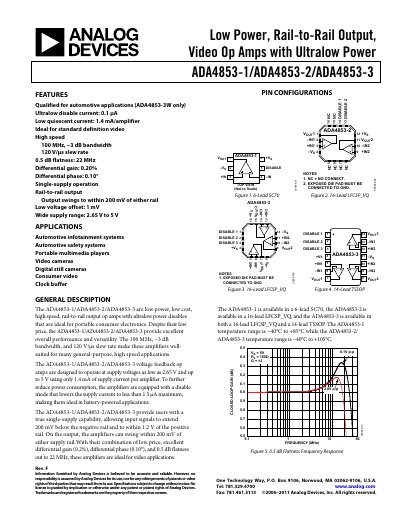 Analog Devices ADA4853-1/ADA4853-2/ADA4853-3 Low Power Rail-to-Rail Video Op Amps Datasheet - cover page