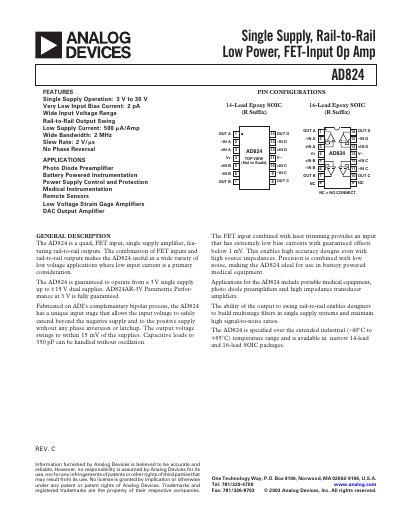 Analog Devices AD824 Quad FET‑Input Op Amp Datasheet - cover page