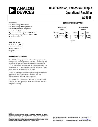 Analog Devices AD8698 Operational Amplifier Datasheet - cover page