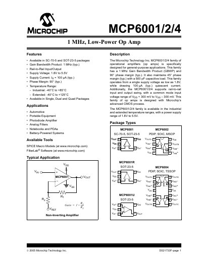 Microchip MCP6001/2/4 Low-Power Op Amp Datasheet - cover page
