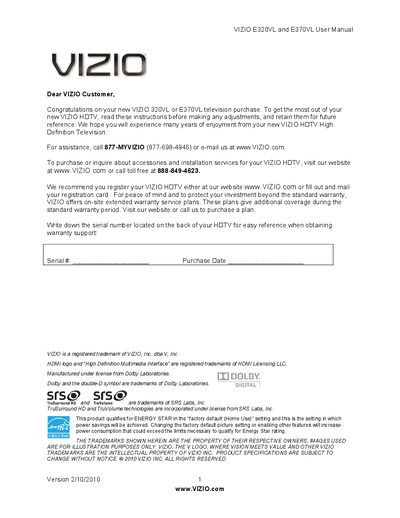 Vizio E320VL and E370VL User Manual - cover page