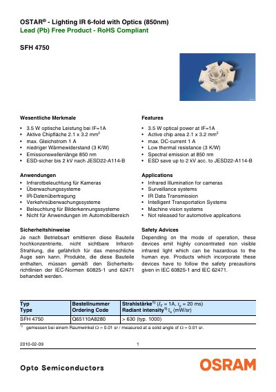 OSRAM SYLVANIA OSTAR SFH 4750 Lighting IR 6-fold with Optics (850nm) Lead (Pb) Free Product - RoHS Compliant handbook - cover page
