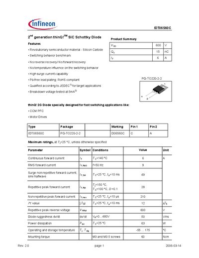INFINEON IDT06S60C 2 nd generation thinQ SiC Schottky Diode Manual - cover page