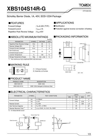 Torex XBS104S14R-G Schottky Barrier Diode Datasheet - cover page