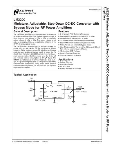 National Semiconductor LM3200 Miniature Adjustable Step-Down DC-DC Converter Datasheet - cover page