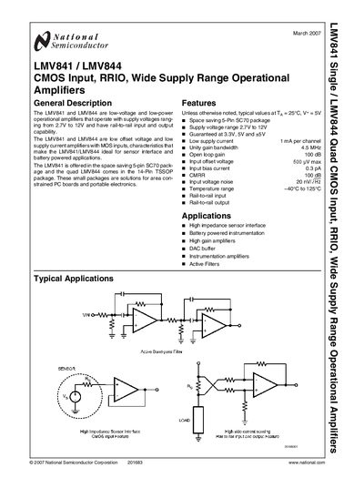 National Semiconductor LMV841 / LMV844 CMOS Input RRIO Wide Supply Range Operational Amplifiers Handbook - cover page