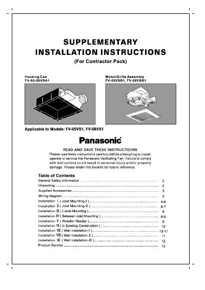 Panasonic FV-05VS1 FV-08VS1 Ventilating Fan Installation Instructions - cover page