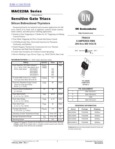 ON Semiconductor MAC228A Series Sensitive Gate Triac Datasheet - cover page