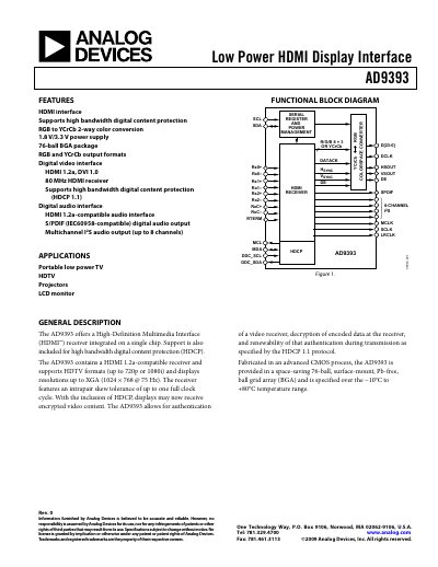 Analog Devices AD9393 Low Power HDMI Display Interface Datasheet - cover page