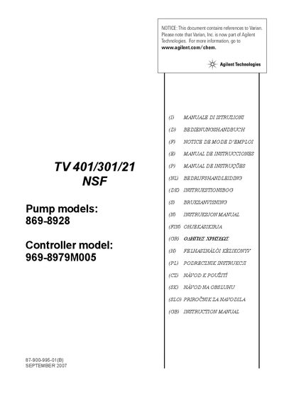 Agilent Technologies Turbo-V 401-301-21 NSF 969-8979M005 Manual - cover page