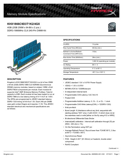 Kingston KHX1866C9D3T1K2/4GX Memory Module Specifications - cover page