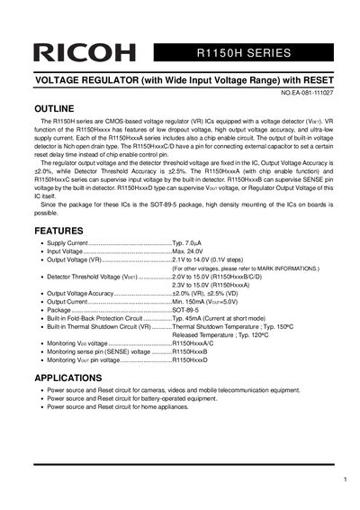 Ricoh R1150H Series Voltage Regulator Datasheet - cover page