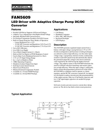 Fairchild FAN5609 LED Driver with Adaptive Charge Pump DC/DC Converter Datasheet - cover page