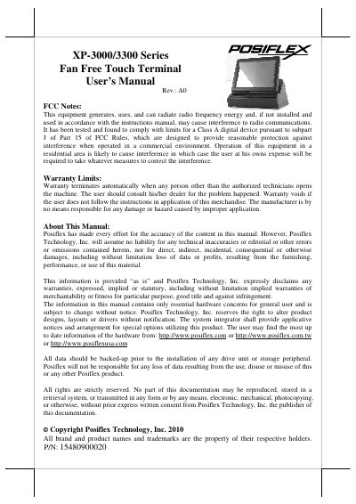 Posiflex XP-3000/3300 Series Fan Free Touch Terminal User Manual - cover page