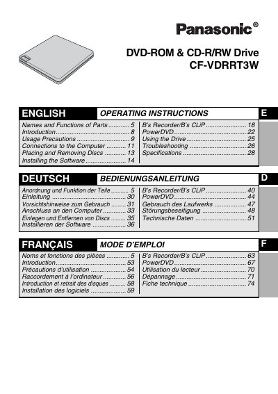 Panasonic CF-VDRRT3W DVD-ROM & CD-R/RW Drive Operating Instructions - cover page