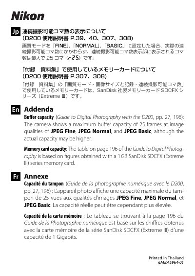 Nikon D200 Buffer Capacity and Memory Card Capacity Guide - cover page