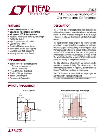 Linear Technology LT1635 Op Amp and Reference Datasheet - cover page