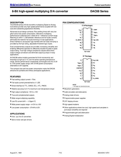 Philips DAC08 Series 8-Bit Multiplying D/A Converter Product Specification - cover page
