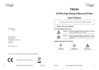 Pico Technology TA044 High-Voltage Differential Probe User Manual - cover page