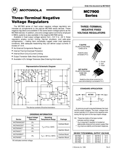 Motorola MC7900 Series Three-Terminal Negative Voltage Regulators Datasheet - cover page