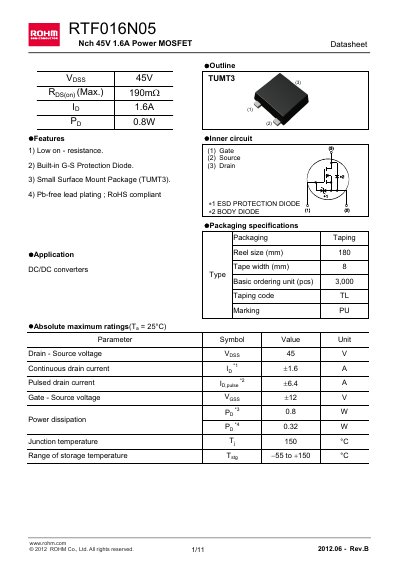 ROHM RTF016N05 Power MOSFET Datasheet - cover page