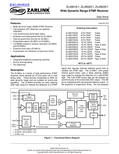 Zarlink ZL49010/1/ZL49020/1/ZL49030/1 Wide Dynamic Range DTMF Receiver Data Sheet - cover page