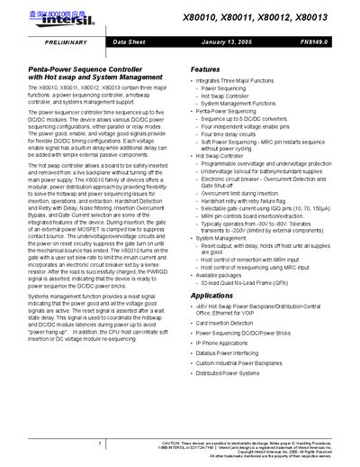 Intersil X80010/X80011/X80012/X80013 Penta-Power Sequence Controller Datasheet - cover page