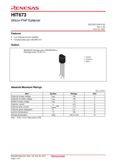 Renesas HIT673 Silicon PNP Epitaxial Transistor Datasheet - cover page