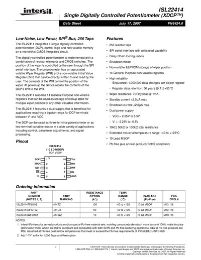 Intersil ISL22414 Single Digitally Controlled Potentiometer Datasheet - cover page