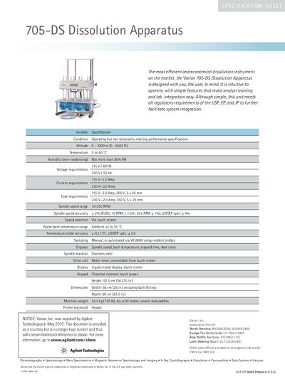 Varian 705-DS Dissolution Apparatus Product Leaflet - cover page