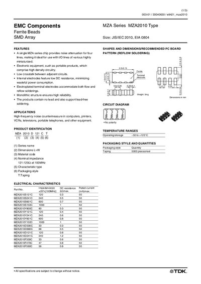 TDK MZA2010 Ferrite Bead Datasheet - cover page