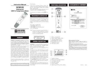 Hanna Instruments HI 98120 Waterproof ORP & Temperature Meter Instruction Manual - cover page