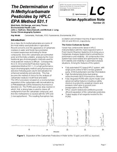 Varian LC App Note 25 Detection of N-Methylcarbamate Pesticides by HPLC EPA Method 531.1 - cover page